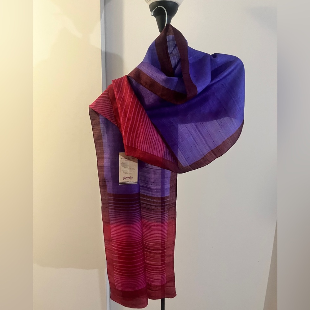 NWT Fabindia Handwoven 100% Silk Wrap Dupatta Stole Shawl Scarf Purple Wine Red